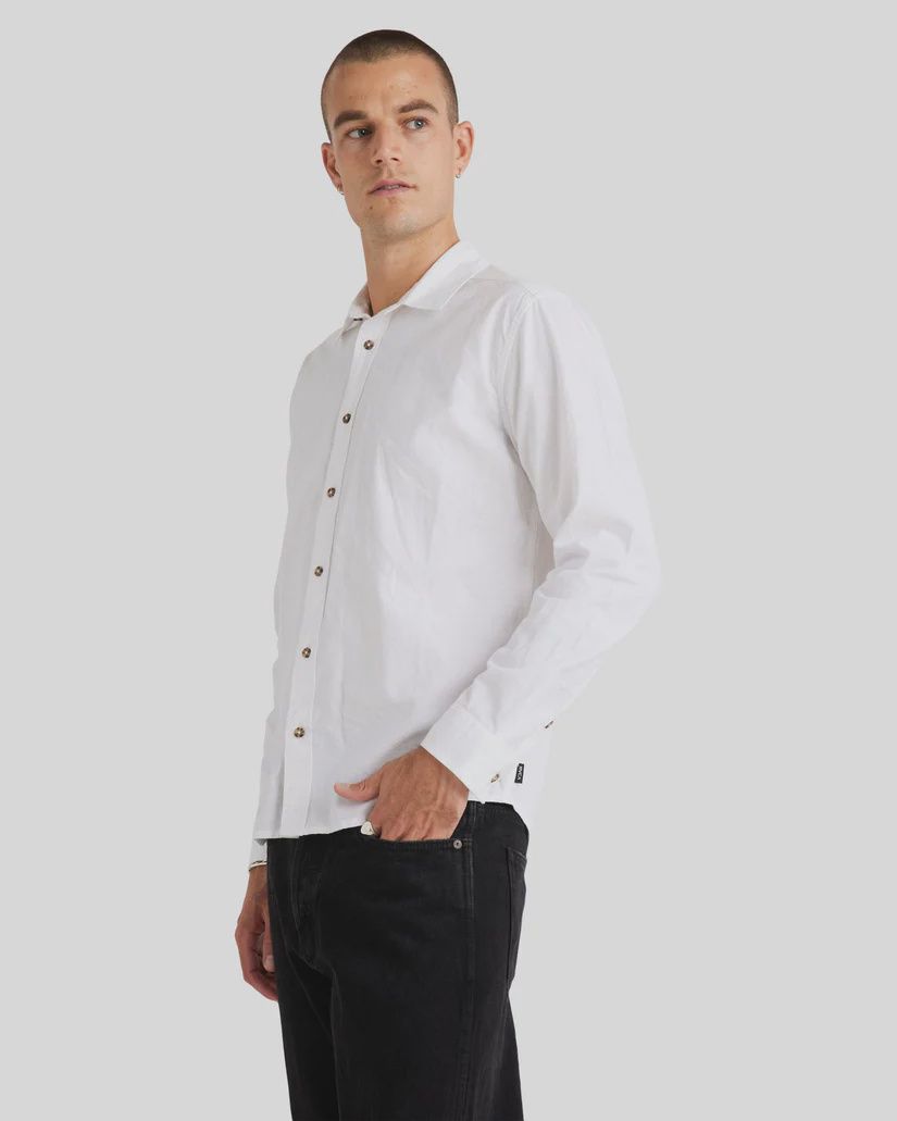 RVCA MENS BASE LINEN LS SHIRT - WHITE