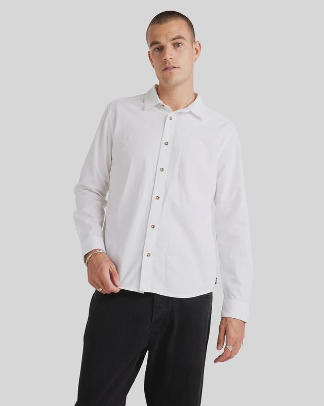 RVCA MENS BASE LINEN LS SHIRT - WHITE