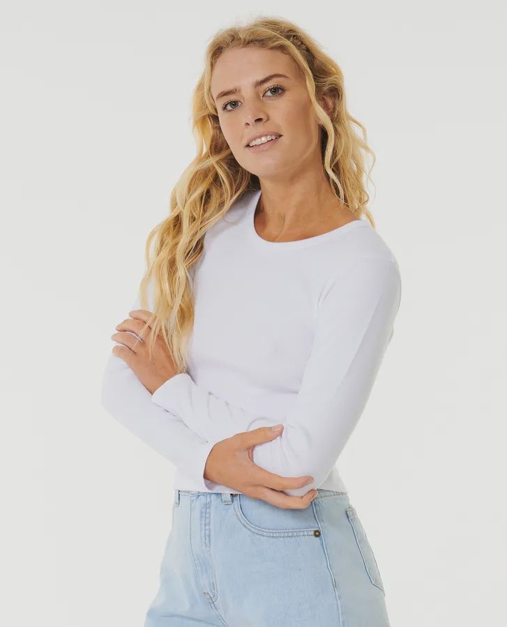 RIP CURL LADIES CLASSIC RIBBED LS TEE - OPTICAL WHITE