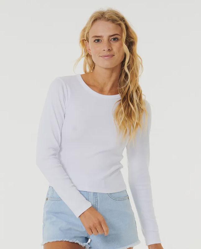 RIP CURL LADIES CLASSIC RIBBED LS TEE - OPTICAL WHITE