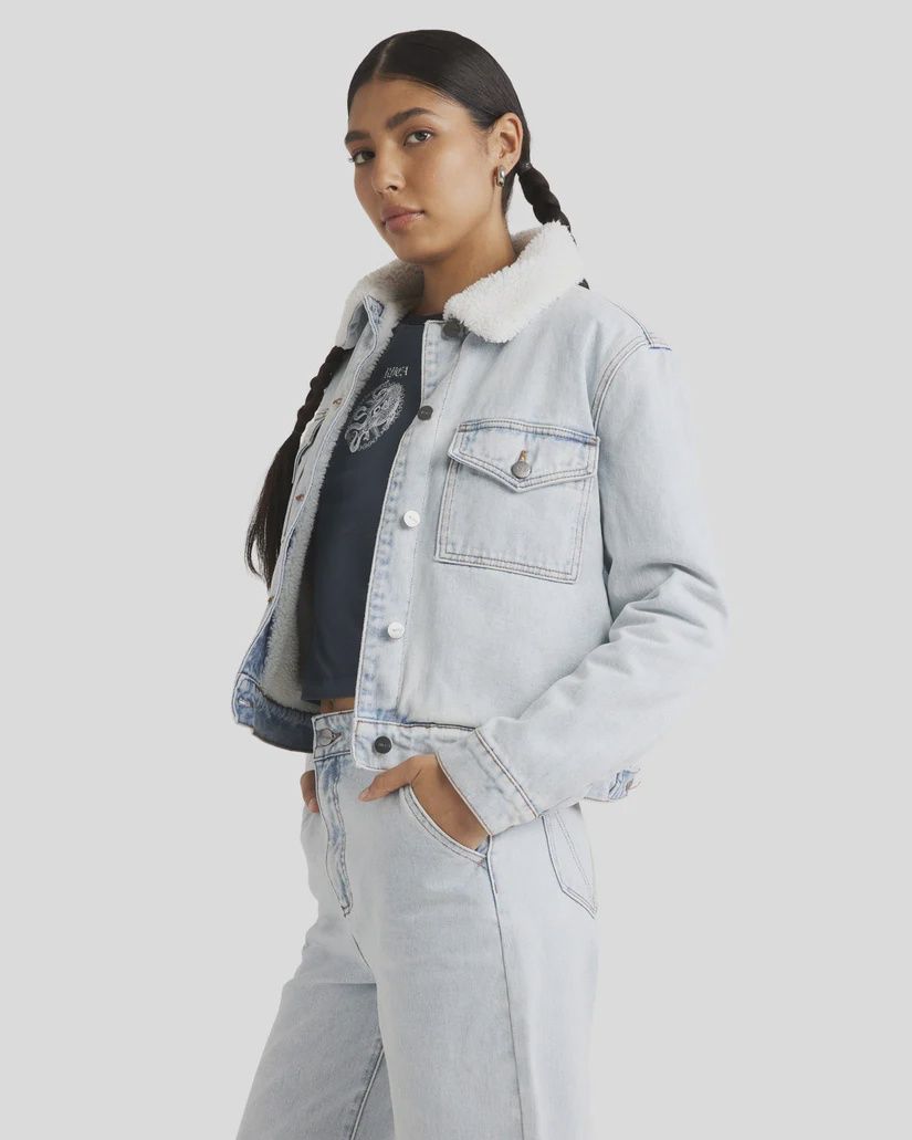 RVCA LADIES ROY SHERPA DENIM JACKET - ASH BLUE