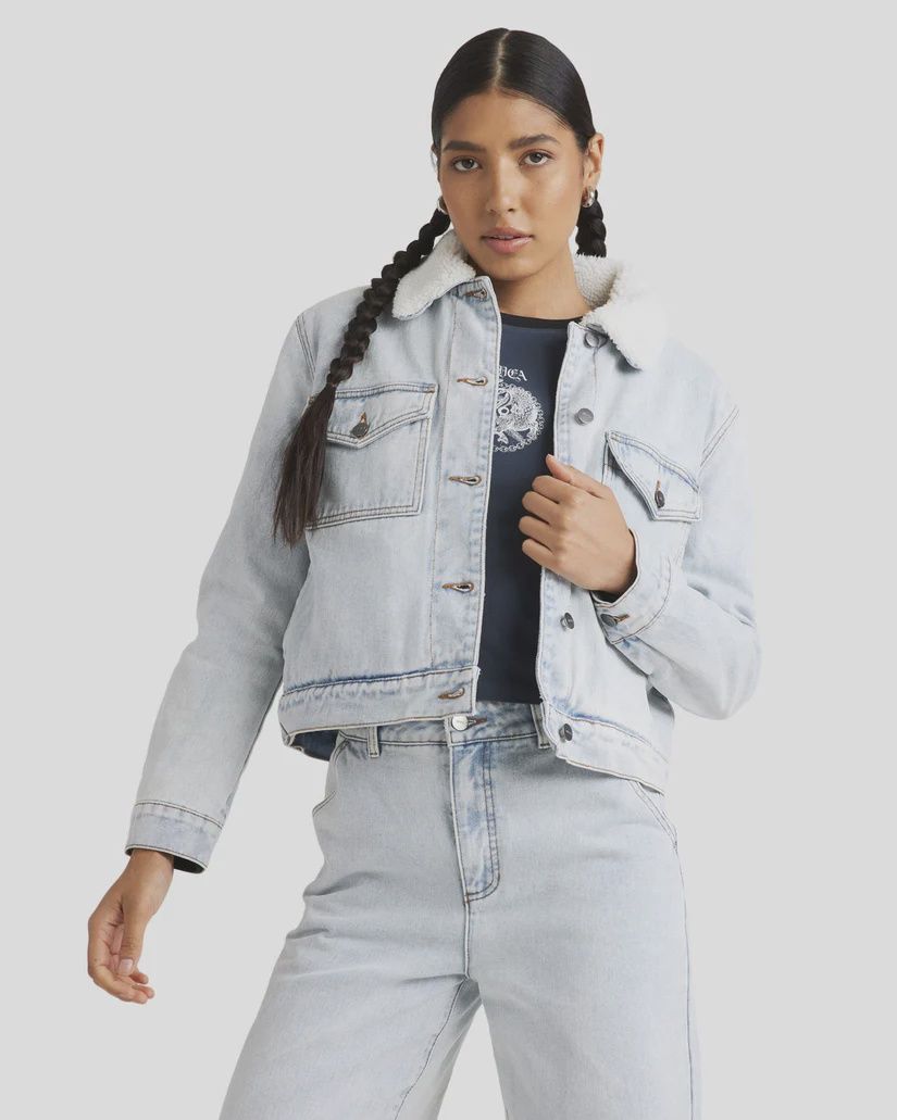 RVCA LADIES ROY SHERPA DENIM JACKET - ASH BLUE