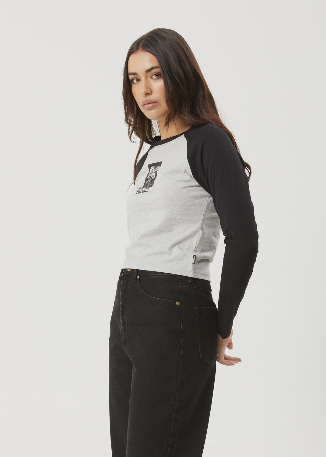 AFENDS WOMENS ADELE LS RAGLAN TEE - BLACK / GREY MARLE