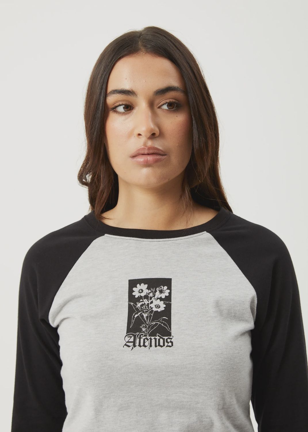 AFENDS WOMENS ADELE LS RAGLAN TEE - BLACK / GREY MARLE