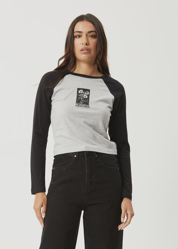 AFENDS WOMENS ADELE LS RAGLAN TEE - BLACK / GREY MARLE