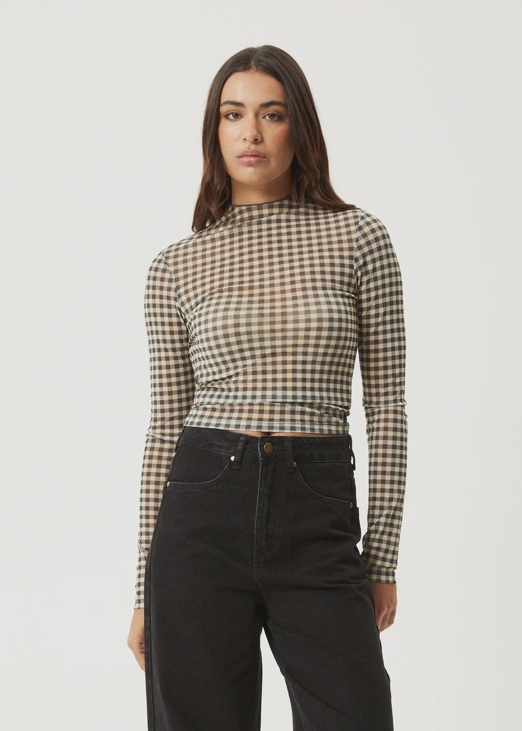 AFENDS WOMENS GAMBET SHEER LS TOP - BLACK / SAND