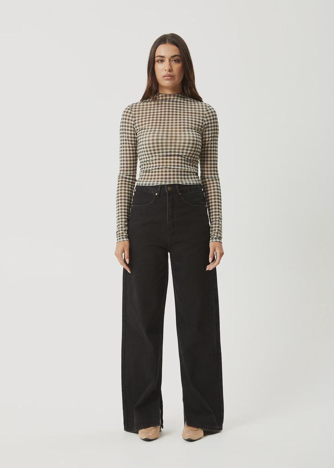 AFENDS WOMENS GAMBET SHEER LS TOP - BLACK / SAND