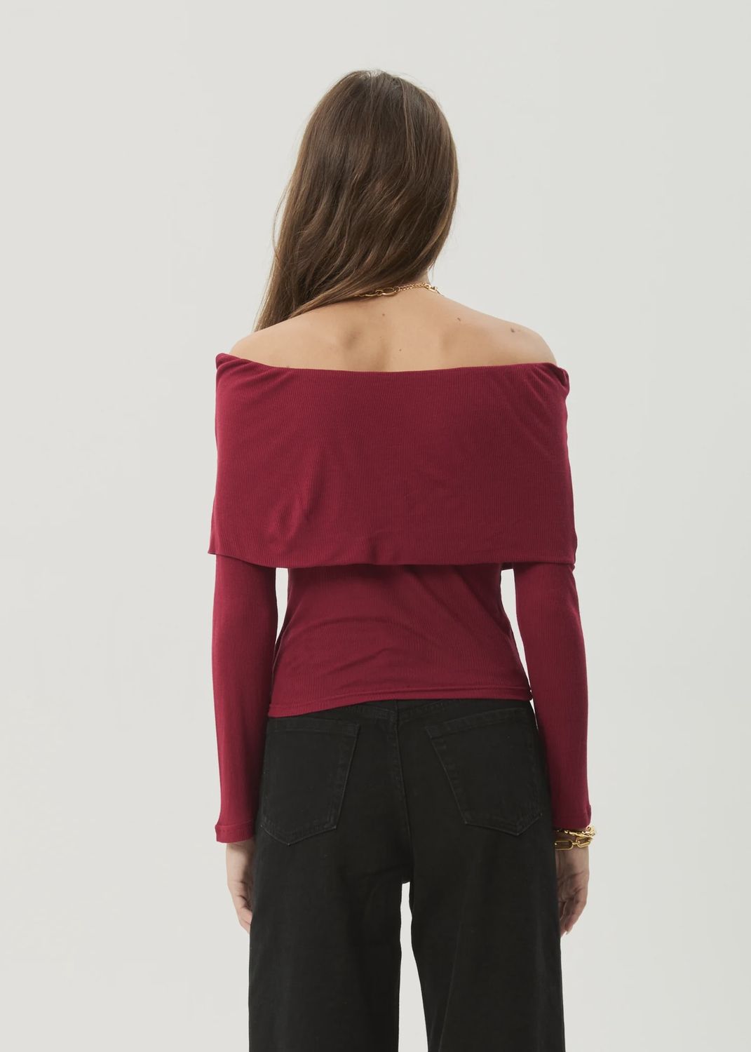 AFENDS WOMENS BECKETT BAMBOO OFF-SHOULDER LS TOP - BURGUNDY