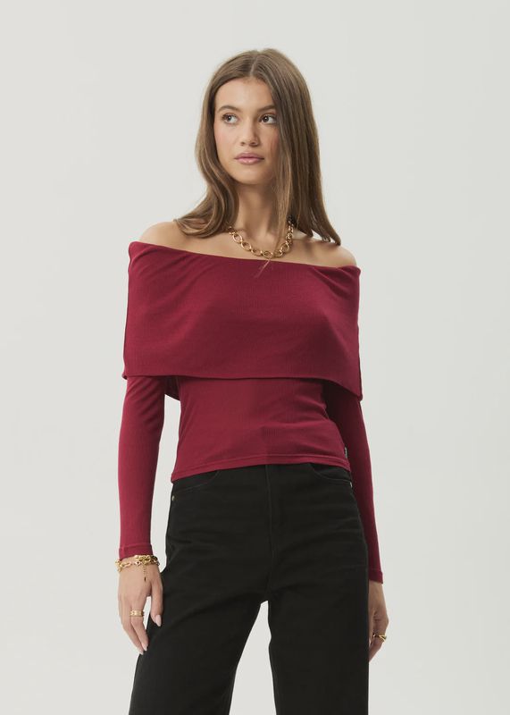 AFENDS WOMENS BECKETT BAMBOO OFF-SHOULDER LS TOP - BURGUNDY
