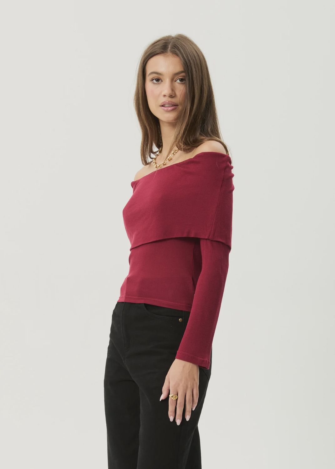 AFENDS WOMENS BECKETT BAMBOO OFF-SHOULDER LS TOP - BURGUNDY