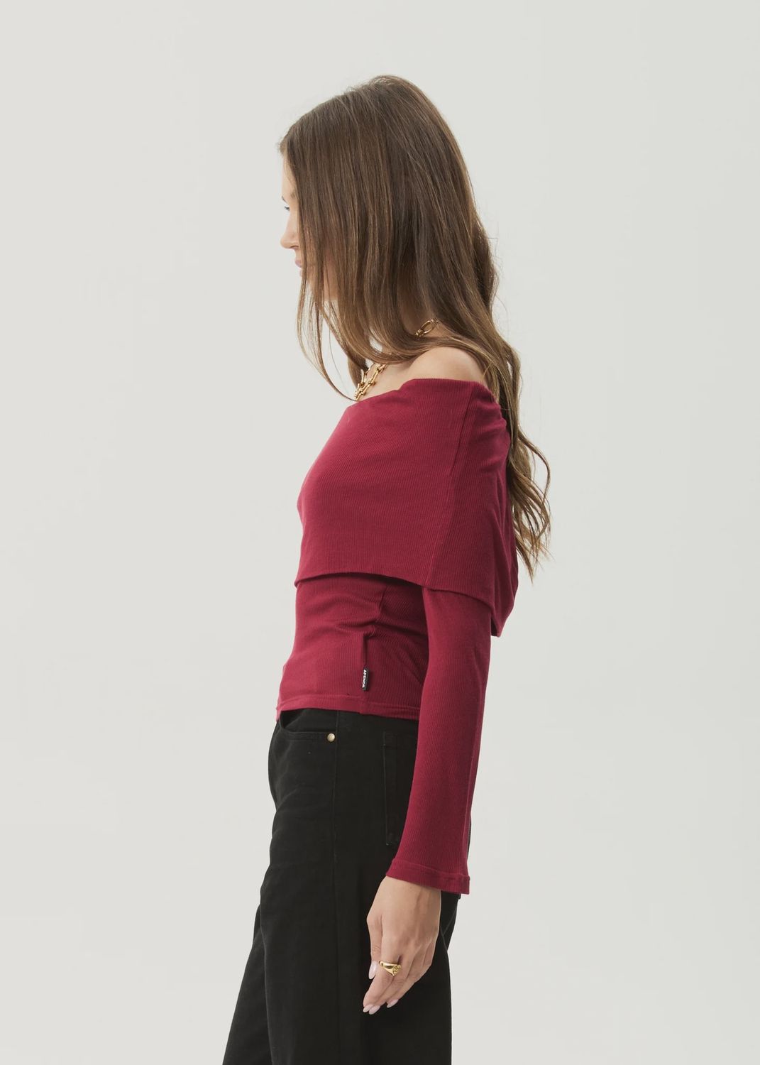 AFENDS WOMENS BECKETT BAMBOO OFF-SHOULDER LS TOP - BURGUNDY