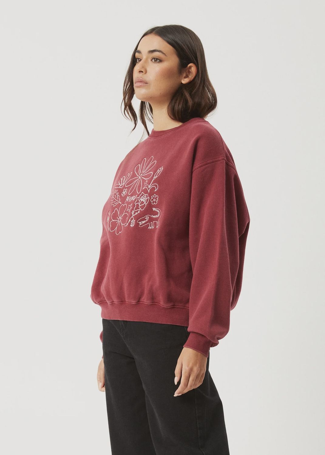AFENDS WOMENS SHAPES CREW NECK JUMPER - WASHED BURGUNDY