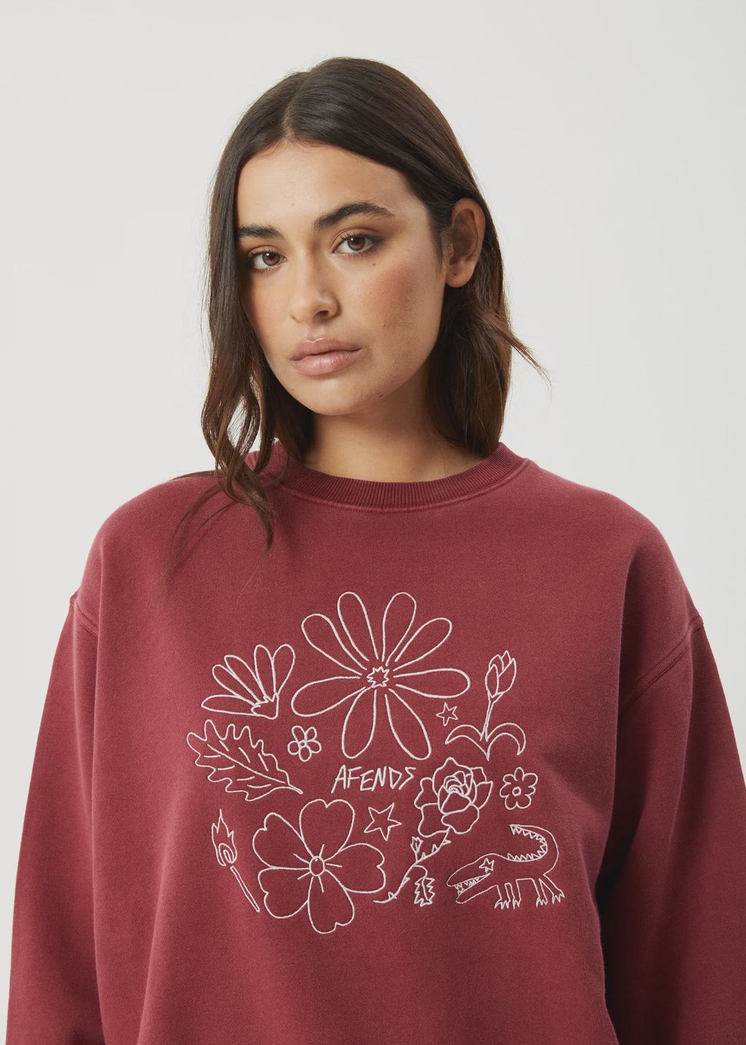 AFENDS WOMENS SHAPES CREW NECK JUMPER - WASHED BURGUNDY