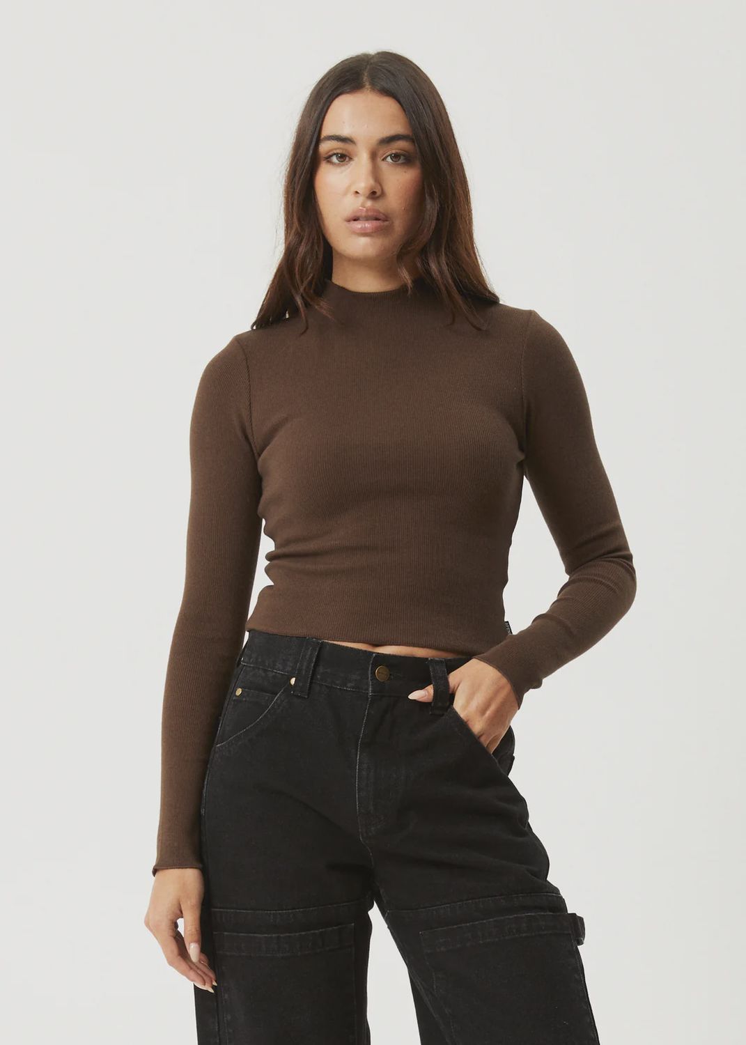 AFENDS WOMENS ICONIC LS RIB TOP - COFFEE