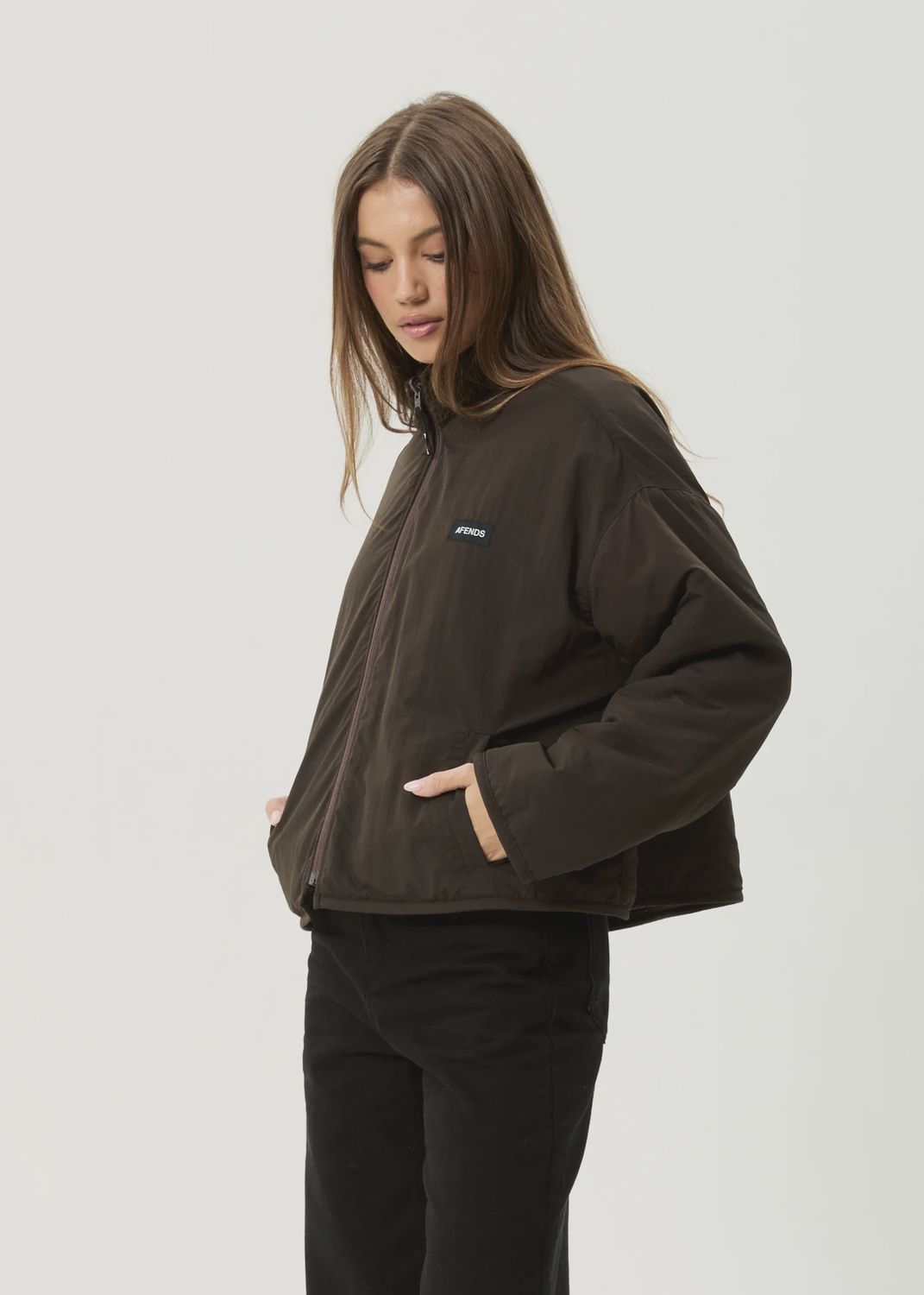 AFENDS WOMENS BERLIN REVERSIBLE  POLAR FLEECE JACKET - COFFEE