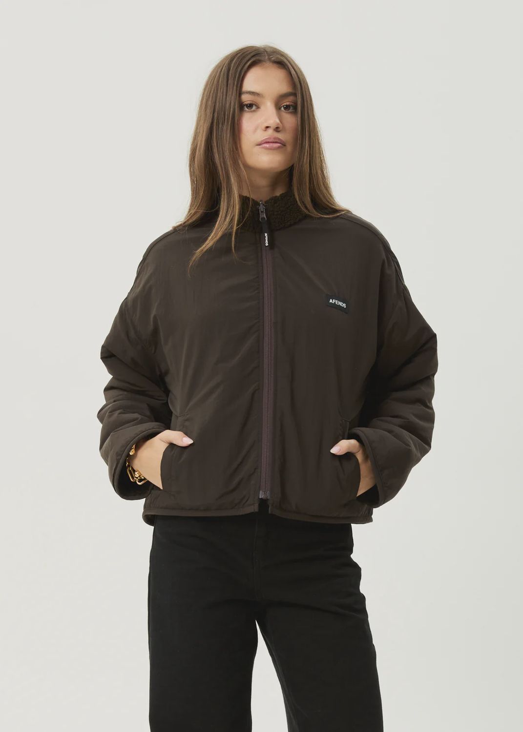 AFENDS WOMENS BERLIN REVERSIBLE  POLAR FLEECE JACKET - COFFEE