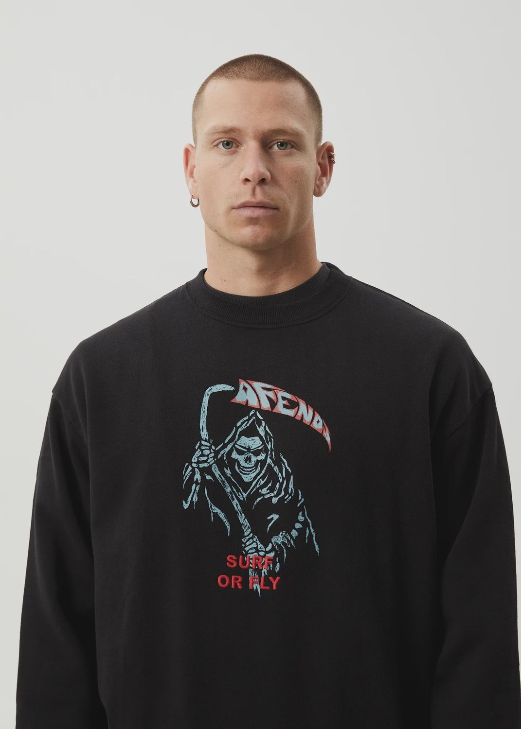 AFENDS MENS SURF OR FLY - CREW NECK JUMPER - BLACK