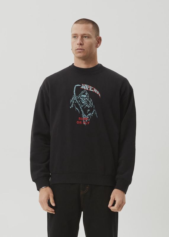 AFENDS MENS SURF OR FLY - CREW NECK JUMPER - BLACK