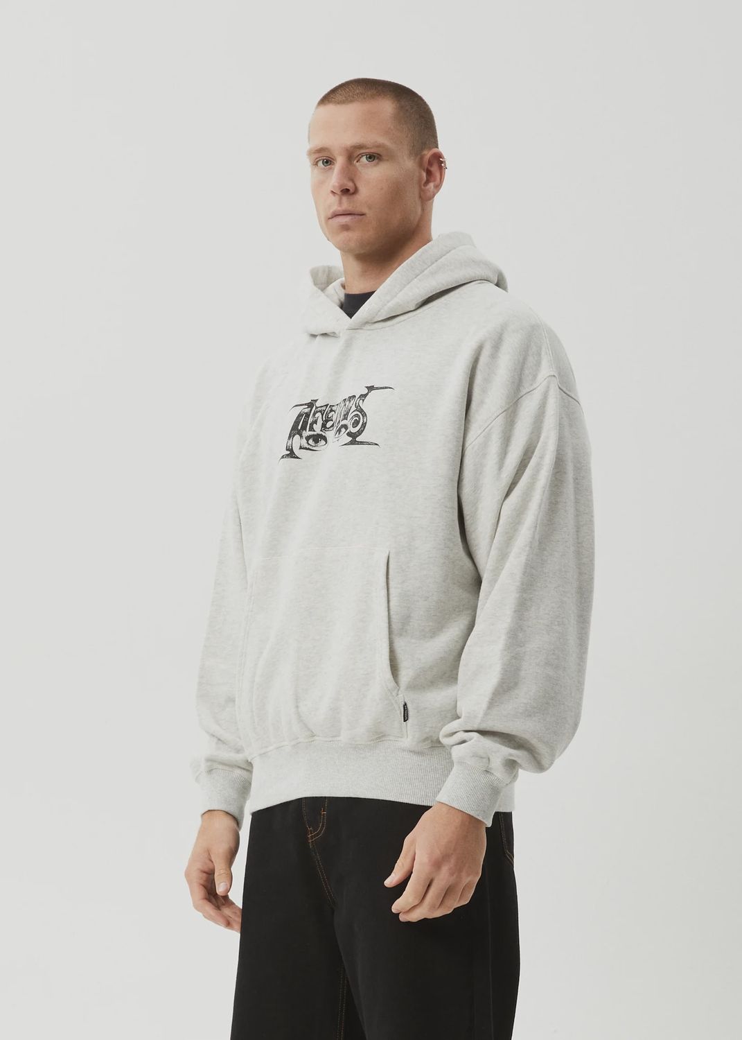 AFENDS MENS ALL EYEZ - BOXY HOODIE - GREY MARLE