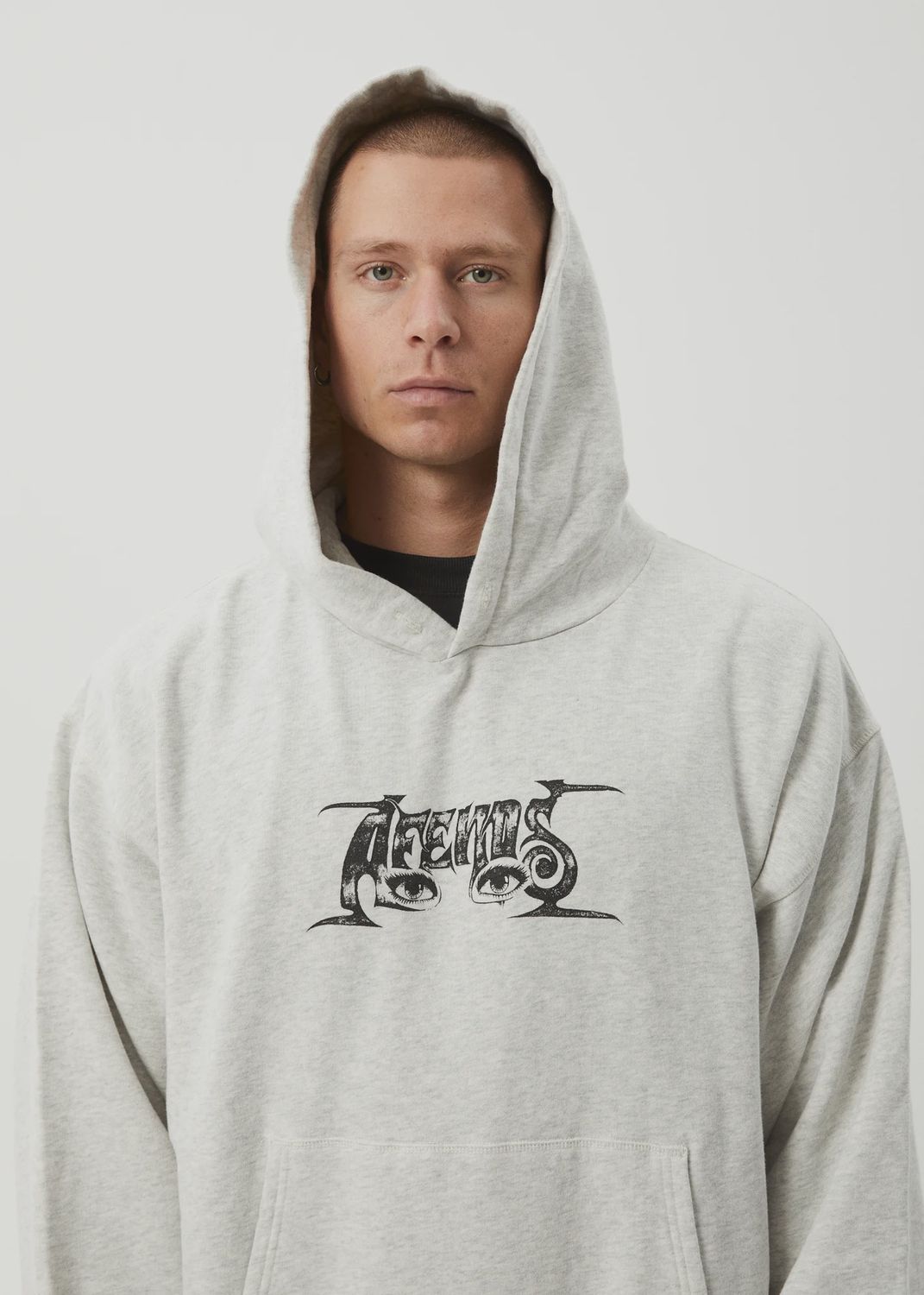 AFENDS MENS ALL EYEZ - BOXY HOODIE - GREY MARLE