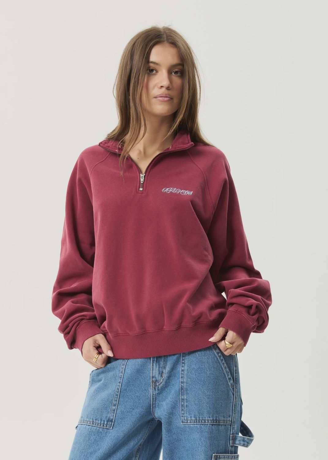 AFENDS MENS QUARTER  ZIP CREW - WASHED BURGUNDY