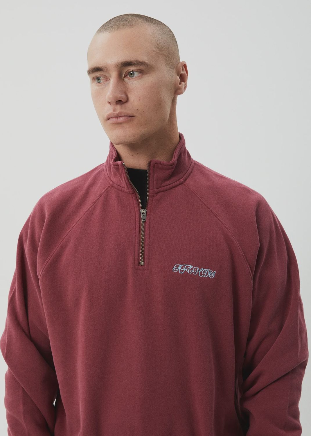 AFENDS MENS QUARTER  ZIP CREW - WASHED BURGUNDY