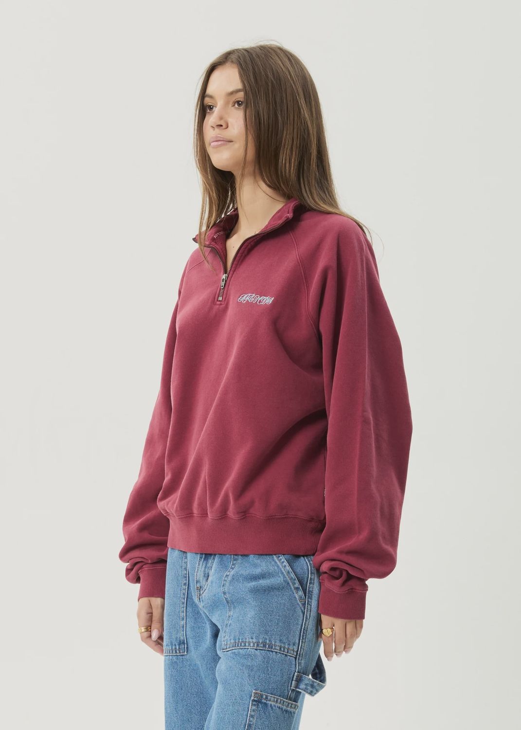 AFENDS MENS QUARTER  ZIP CREW - WASHED BURGUNDY