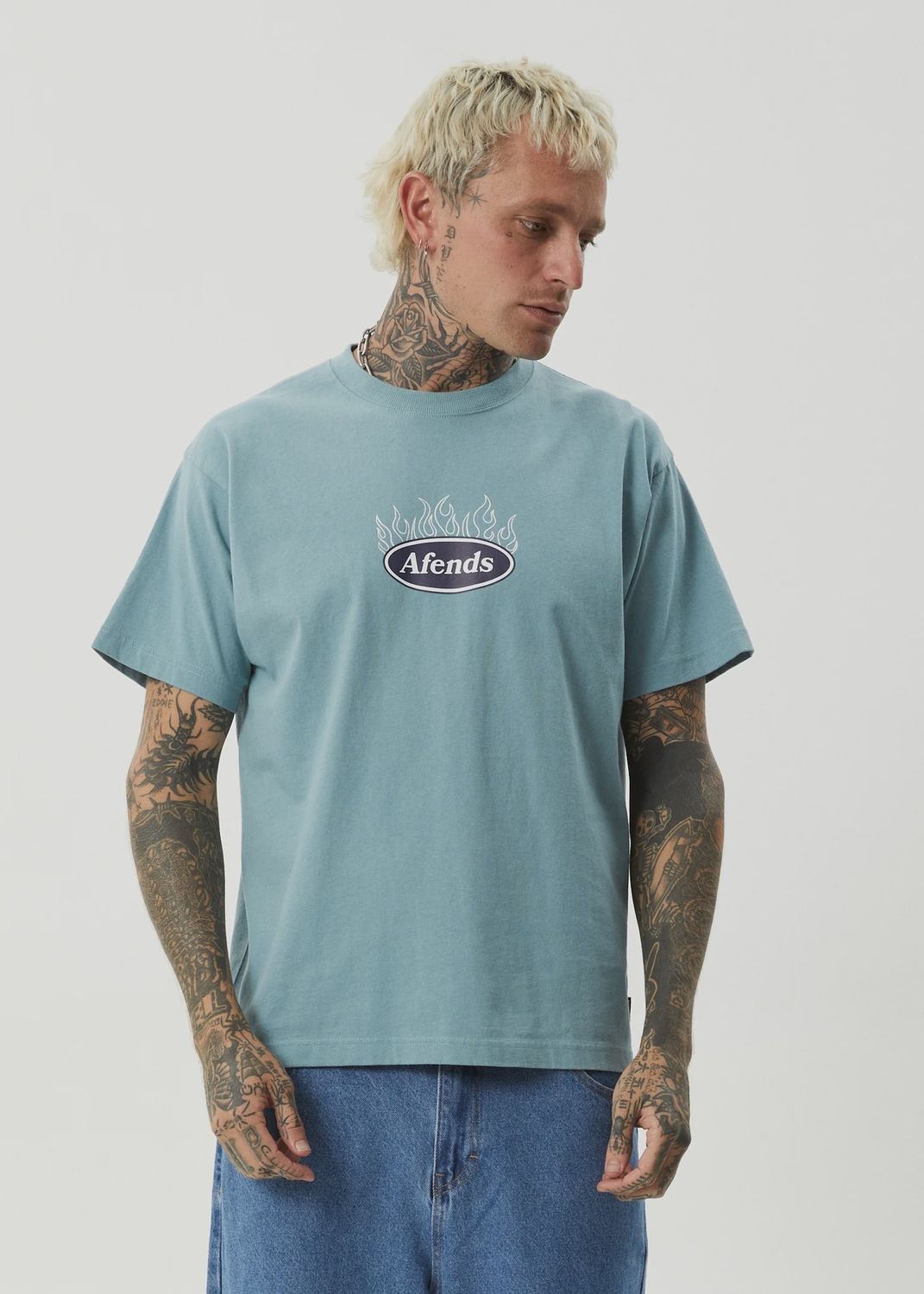 AFENDS MENS FAST FORWARD HEAVY WEIGHT BOXY FIT SS TEE - OCEAN SPRAY