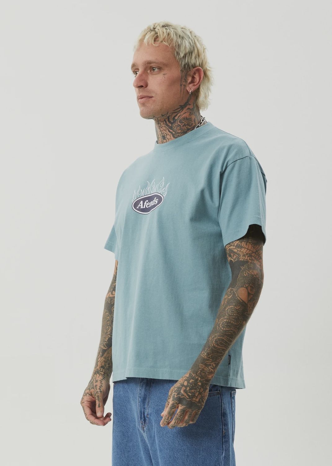 AFENDS MENS FAST FORWARD HEAVY WEIGHT BOXY FIT SS TEE - OCEAN SPRAY