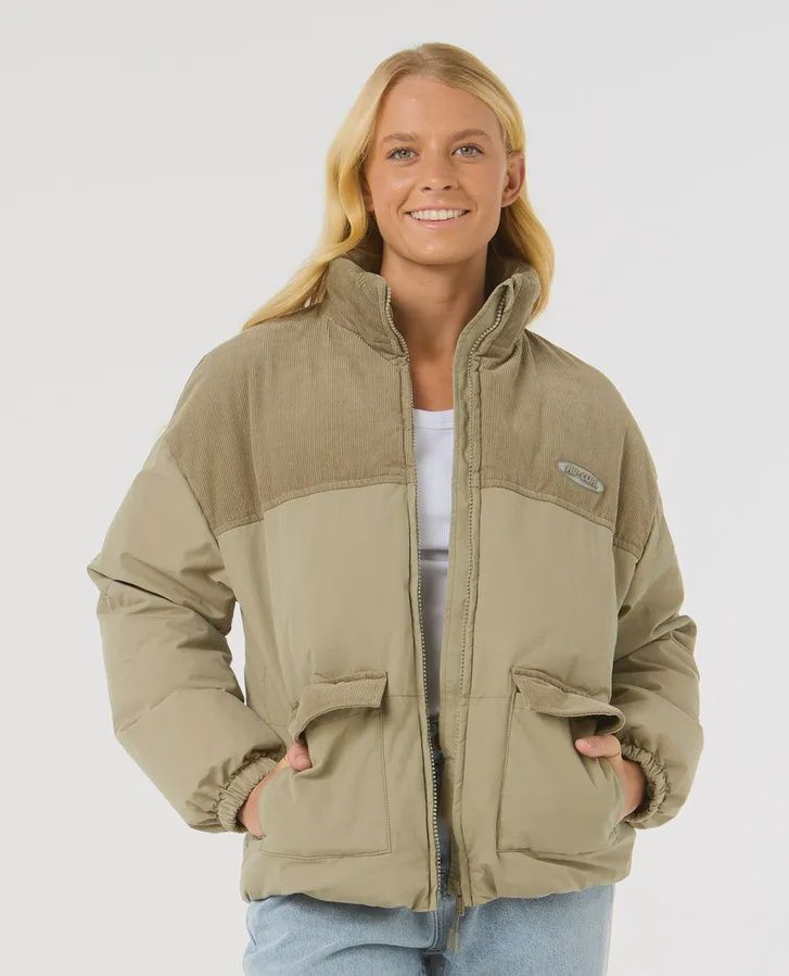RIPCURL LADIES HIGH TIDE MIXED CORD PUFFER JACKET - SAGE
