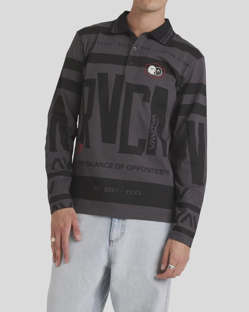 RVCA MENS ALL BRAND LS POLO TOP - WASHED BLACK