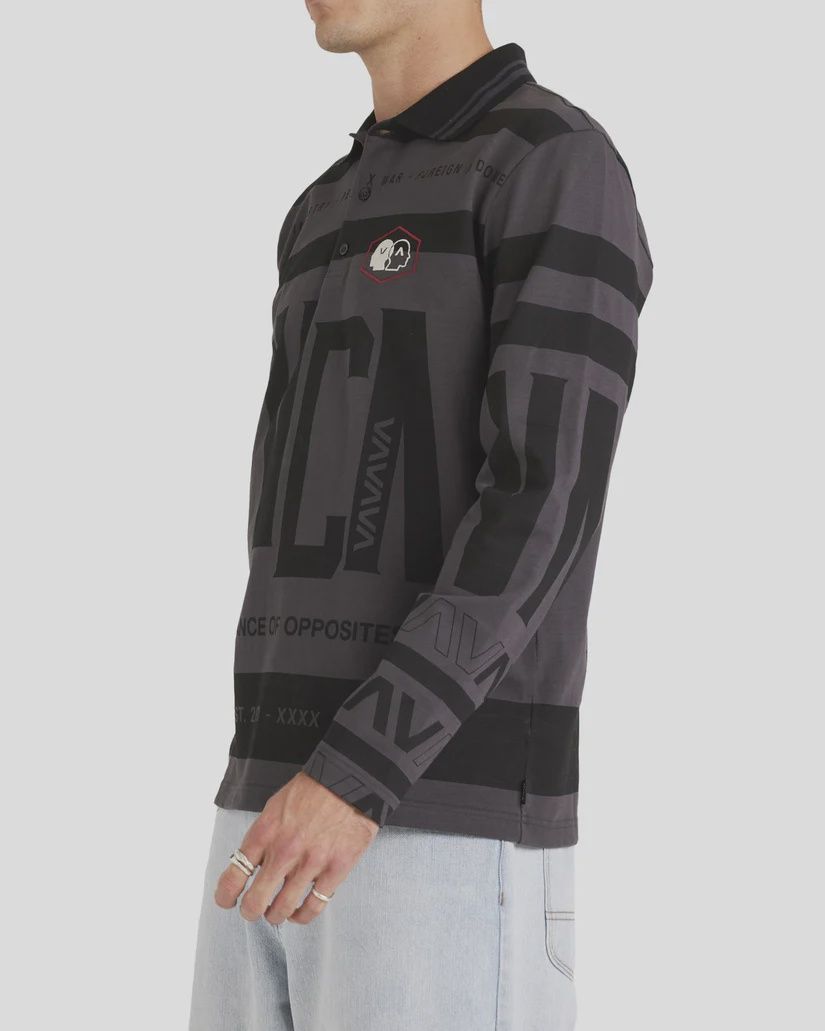 RVCA MENS ALL BRAND LS POLO TOP - WASHED BLACK