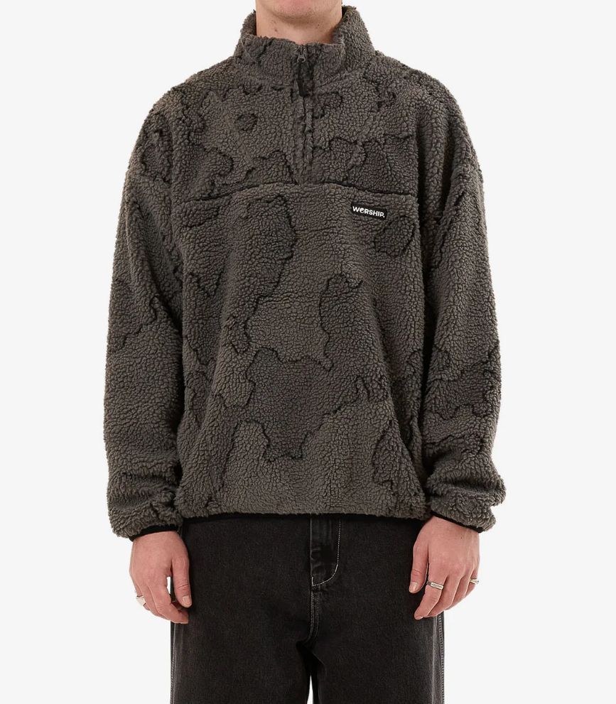 WORSHIP MENS DELIRIUM QUARTER ZIP SHERPA FLEECE - STEEL GREY