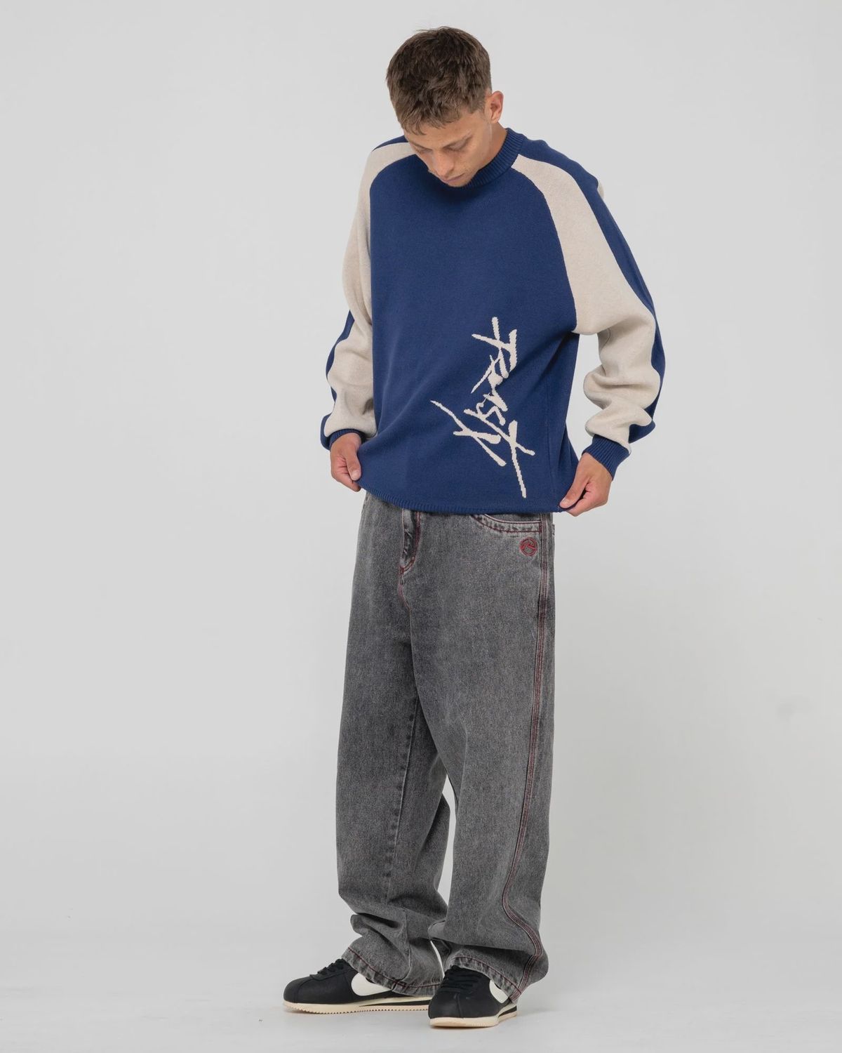 RUSTY MENS ROLL SAFE BOXY KNITTED CREW - DARK BLUE