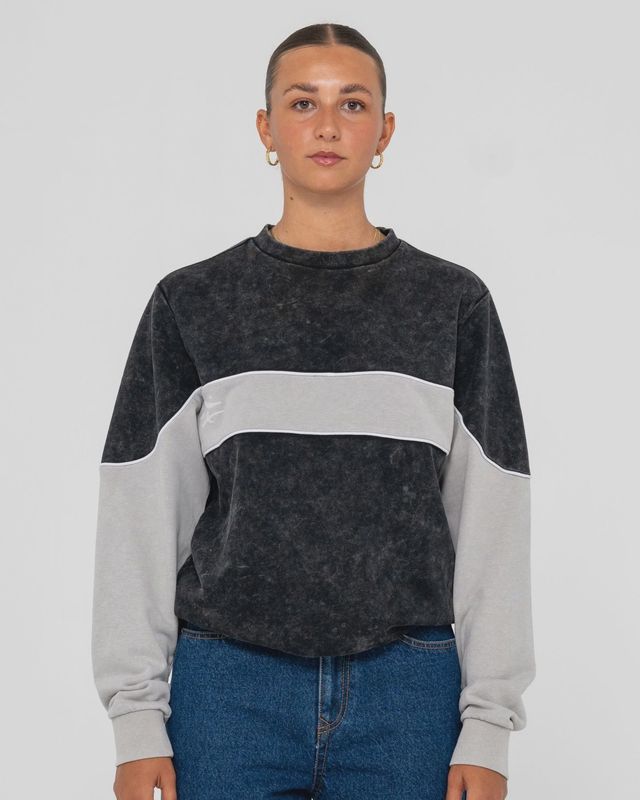 RUSTY WOMENS DAVIE OVERSIZE CREW FLEECE - WASHED BLACK