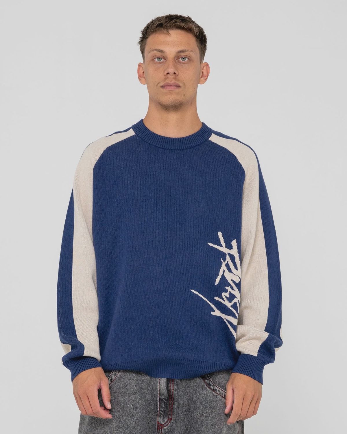 RUSTY MENS ROLL SAFE BOXY KNITTED CREW - DARK BLUE