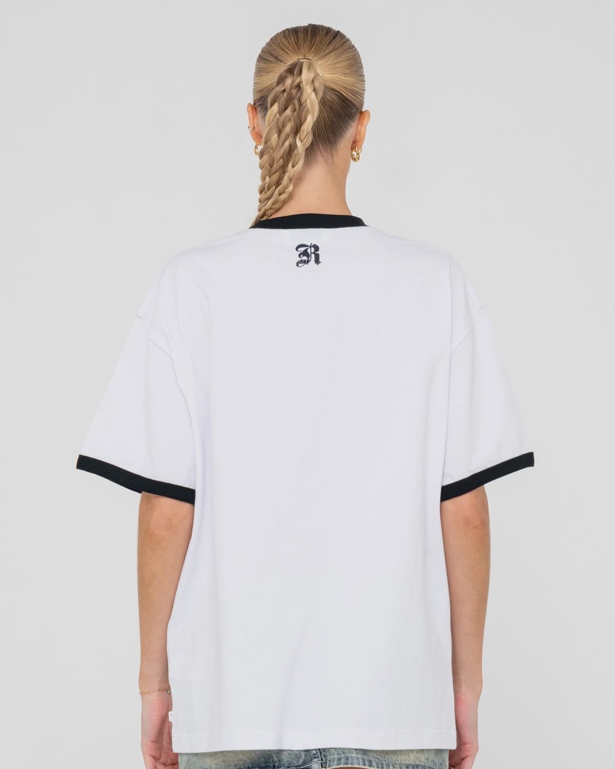 RUSTY WOMENS BEDAZZLED RUSTY RINGER OVERSIZE SS TEE - WHITE