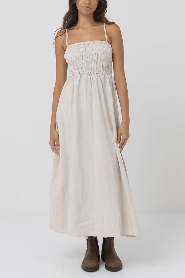 RHYTHM LADIES CLASSIC SHIRRED MIDI DRESS - OAT