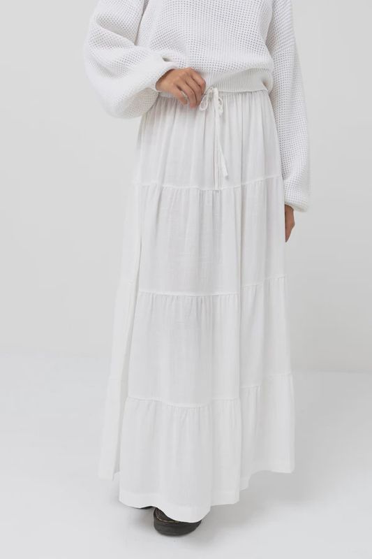 RHYTHM LADIES CLASSIC TIERED MAXI SKIRT - WHITE