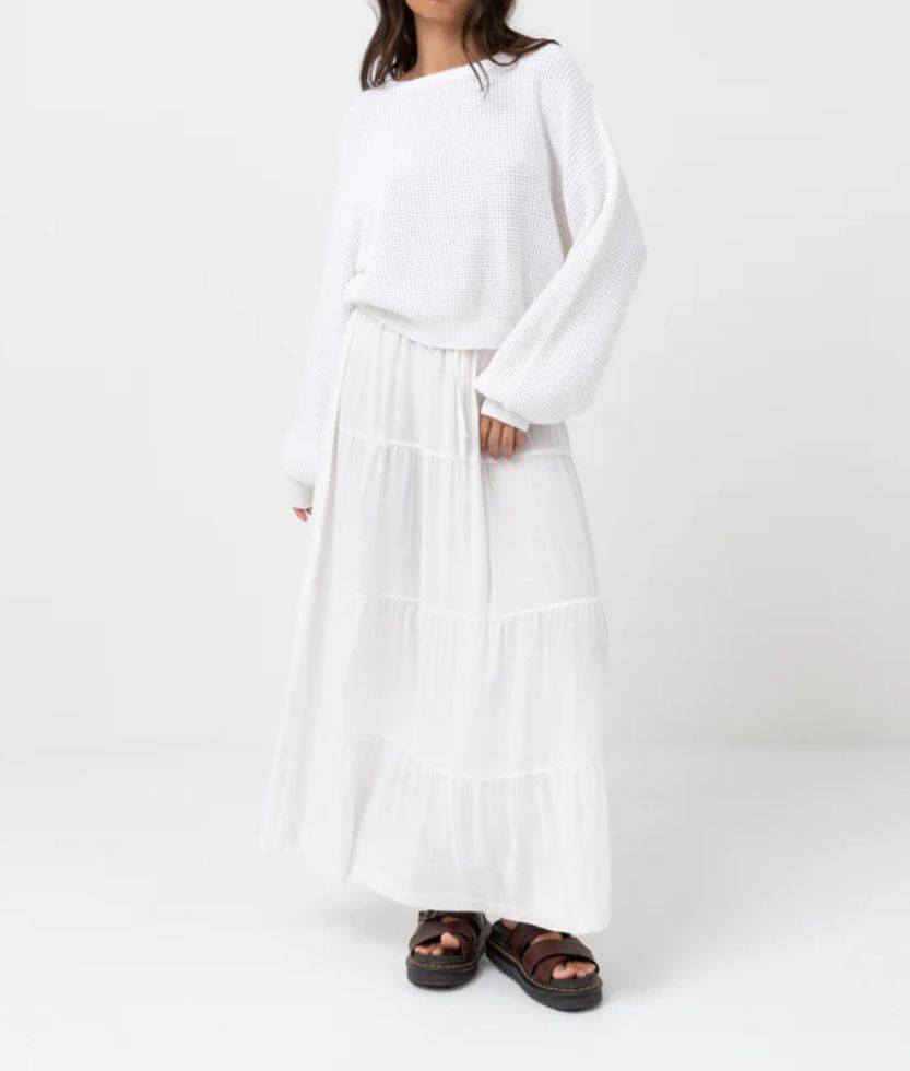 RHYTHM LADIES CLASSIC TIERED MAXI SKIRT - WHITE