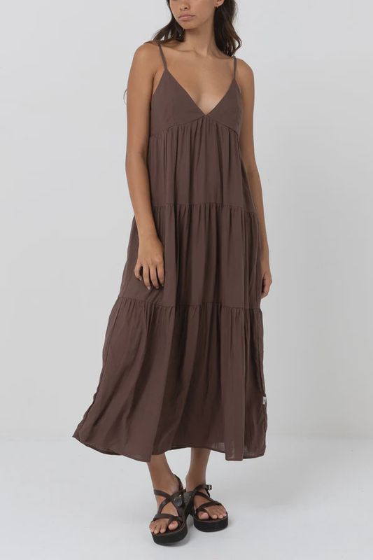 RHYTHM LADIES CLASSIC TIERED MIDI DRESS - CHOCOLATE