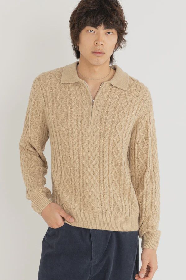 RHYTHM MENS MOHAIR QUARTER ZIP FISHERMAN KNIT - INCENSE