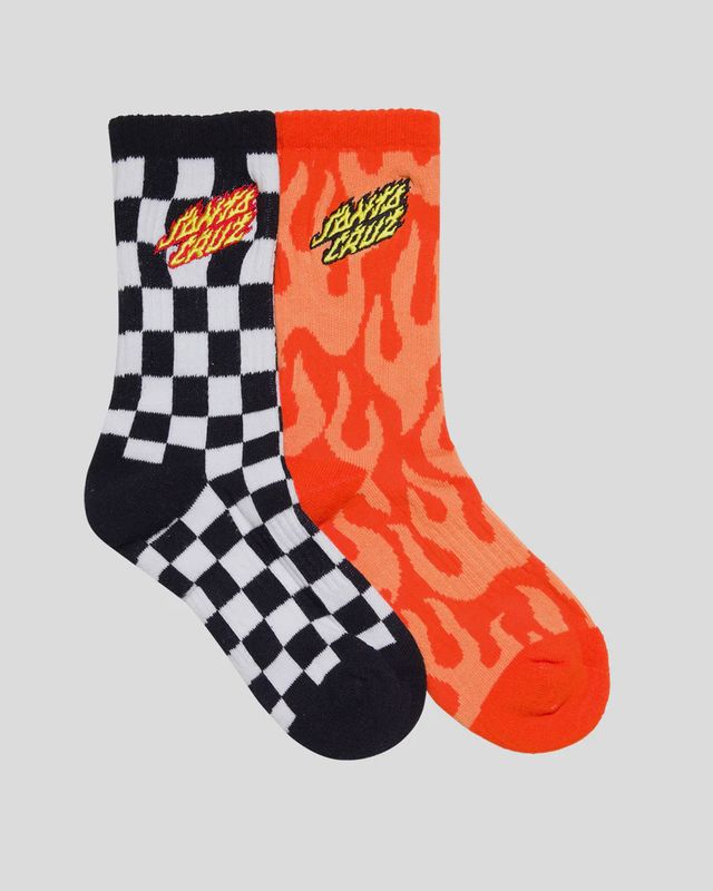SANTA CRUZ BOYS FLAMING STACK CREW SOCK 2 PACK - ORANGE FLAME/BLACK CHECK