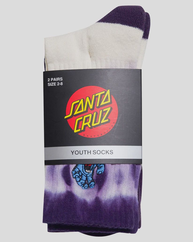 SANTA CRUZ BOYS SCREAMING HAND CREW SOCK 2 PACK - CREAM TIE DYE/PURPLE