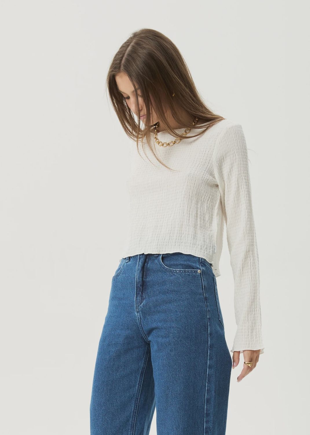 AFENDS WOMENS FOCUS SEERSUCKER LS TOP - OFF WHITE