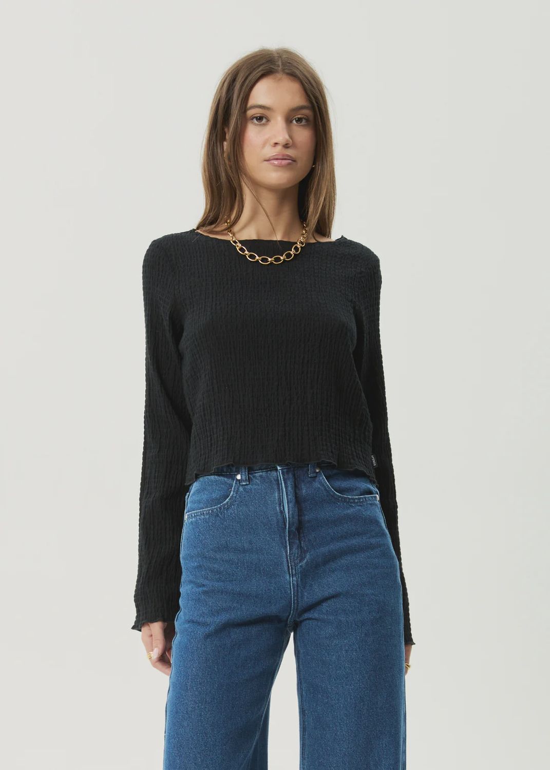AFENDS WOMENS FOCUS SEERSUCKER LS TOP - BLACK