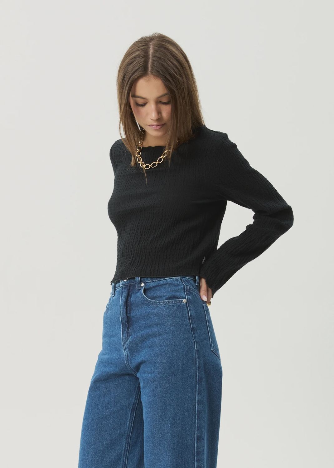 AFENDS WOMENS FOCUS SEERSUCKER LS TOP - BLACK