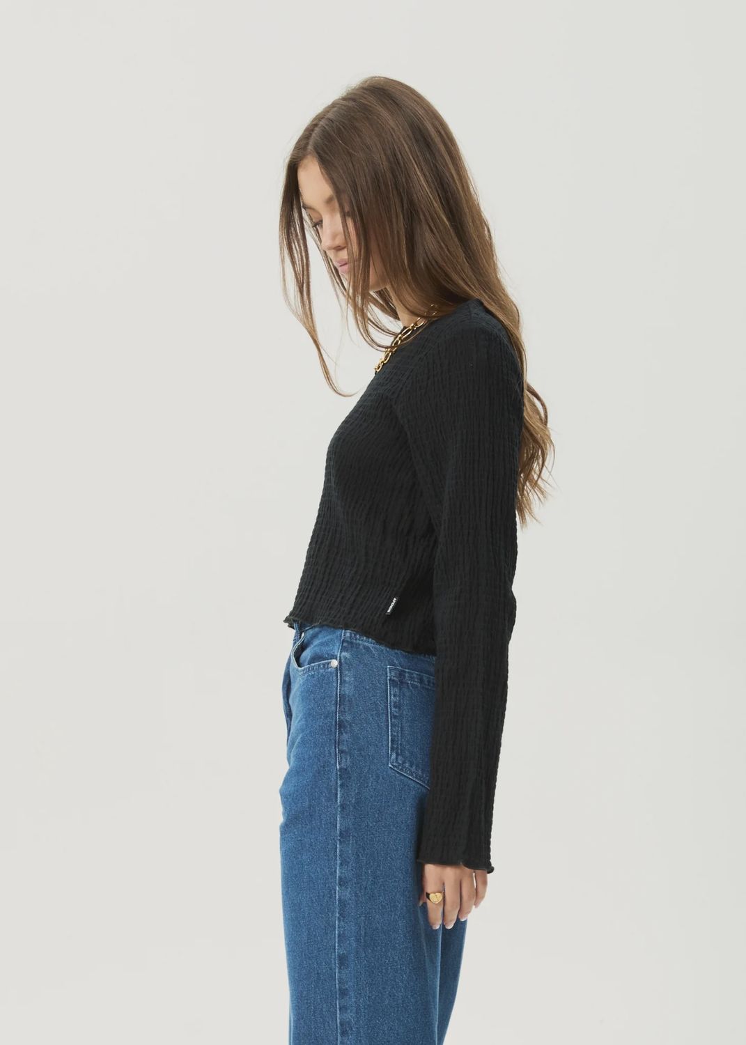 AFENDS WOMENS FOCUS SEERSUCKER LS TOP - BLACK