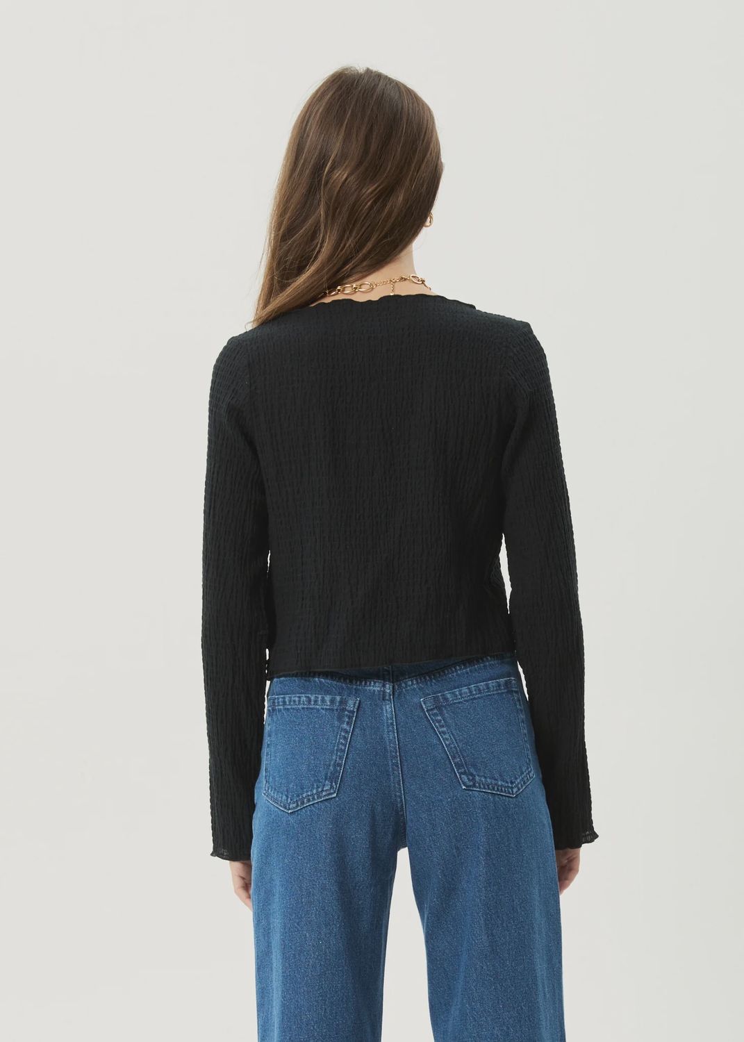 AFENDS WOMENS FOCUS SEERSUCKER LS TOP - BLACK