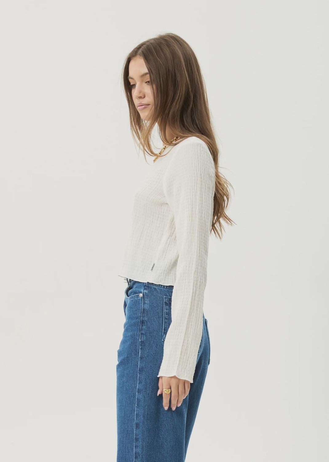 AFENDS WOMENS FOCUS SEERSUCKER LS TOP - OFF WHITE